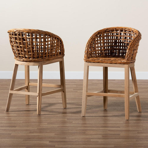 bali & pari Mario Modern Bohemian Natural Brown Finished Teak Wood and Rattan 2-Piece Counter Stool Set