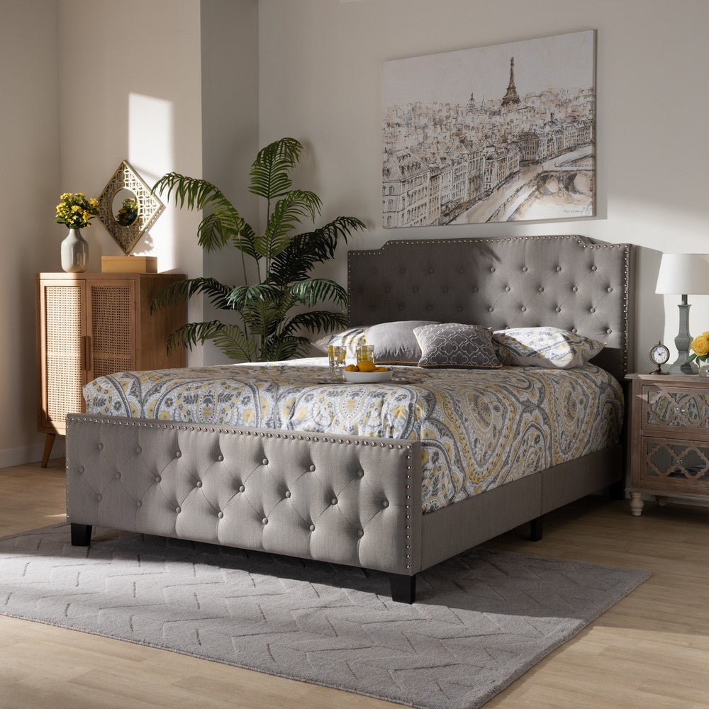 Baxton Studio Marion Modern Transitional Grey Fabric Upholstered Button Tufted Queen Size Panel Bed WHI-Marion-Grey-Queen