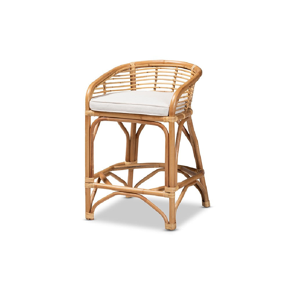 bali & pari Maverick Modern Bohemian White Fabric Upholstered and Natural Brown Rattan Counter Stool WHI-Maverick-Rattan-CS
