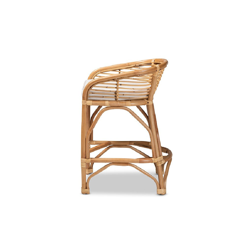 bali & pari Maverick Modern Bohemian White Fabric Upholstered and Natural Brown Rattan Counter Stool WHI-Maverick-Rattan-CS