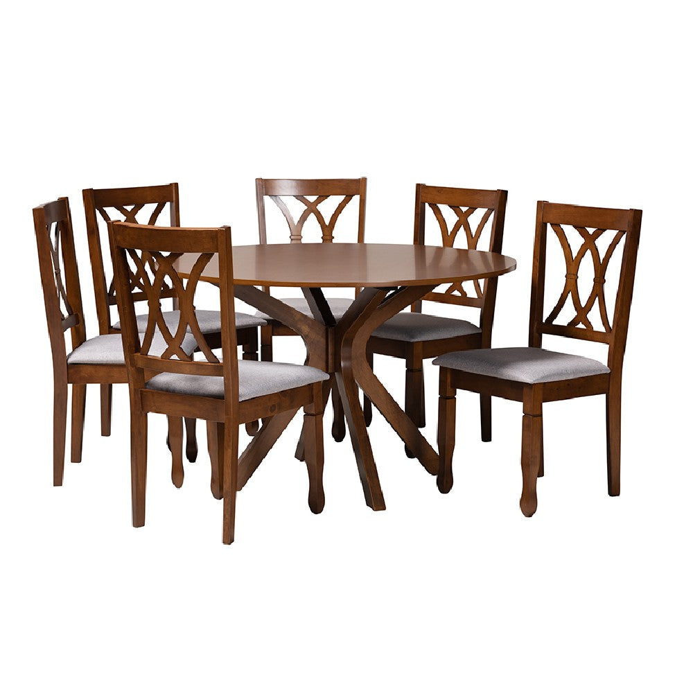 Baxton Studio Maya Modern Grey Fabric and Walnut Brown Finished Wood 7-Piece Dining Set
