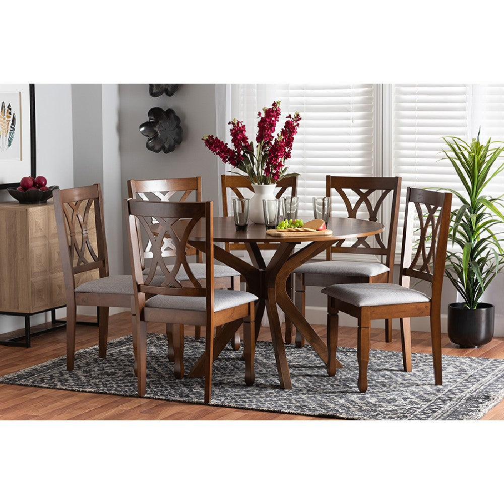 Baxton Studio Maya Modern Grey Fabric and Walnut Brown Finished Wood 7-Piece Dining Set