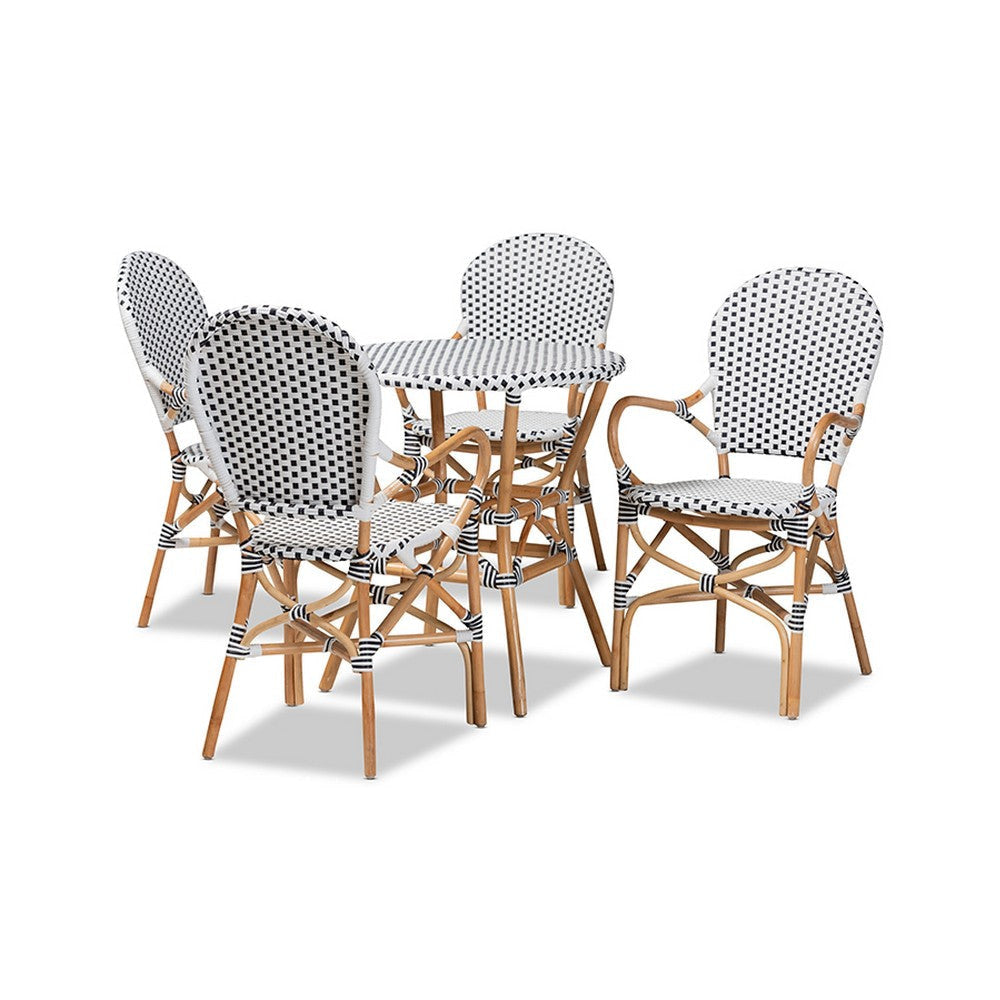 Baxton Studio Naila Classic French Black and White Plastic and Natural Brown Rattan 5-Piece Indoor and Outdoor Bistro Set