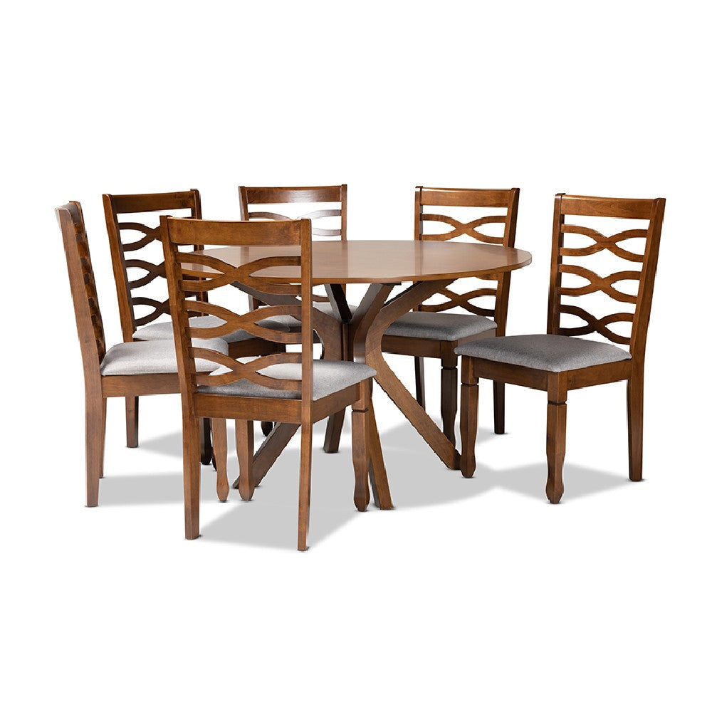 Baxton Studio Mila Modern and Contemporary Grey Fabric Upholstered and Walnut Brown Finished Wood 7-Piece Dining Set