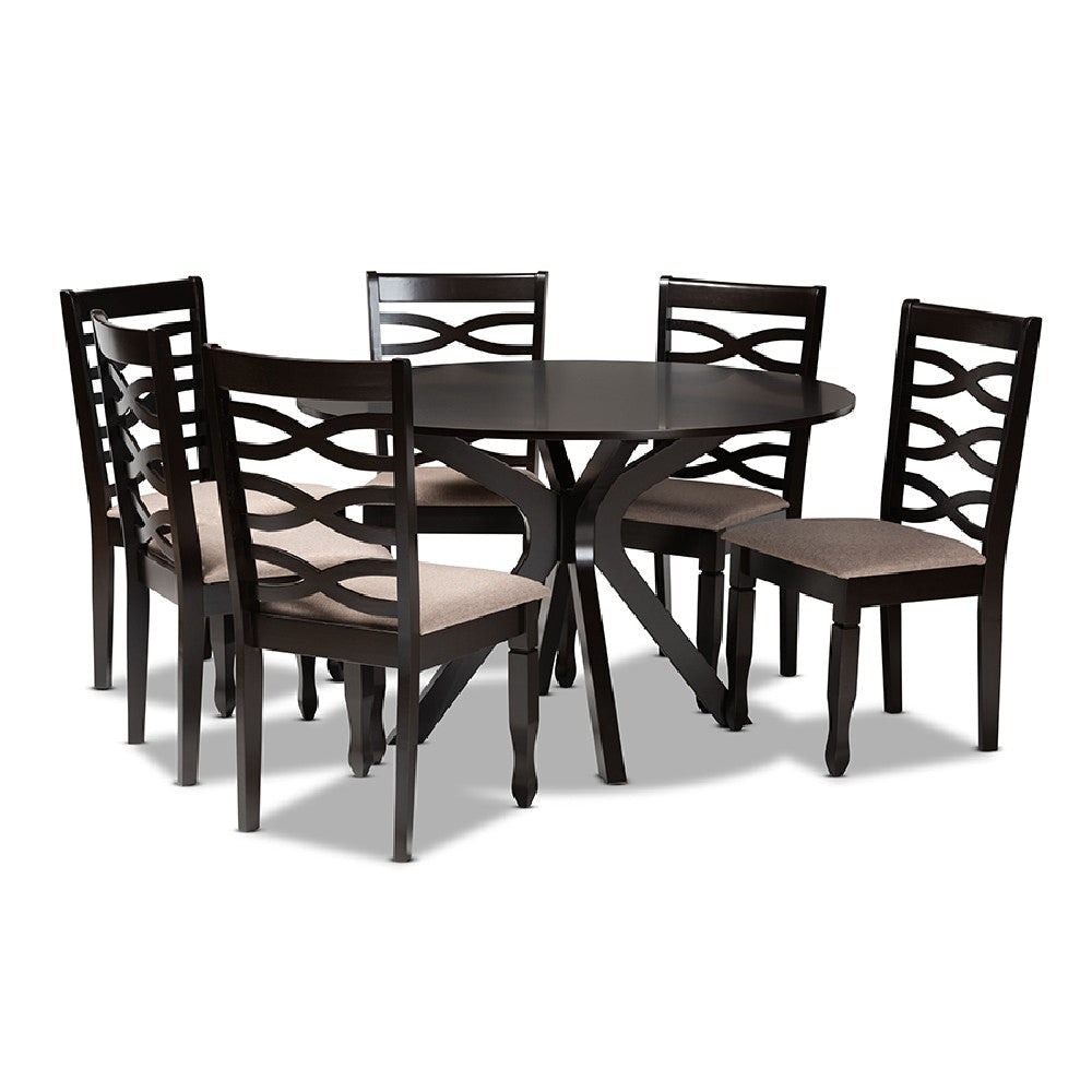 Baxton Studio Mila Modern and Contemporary Sand Fabric Upholstered Dark Brown Finished Wood 7-Piece Dining Set