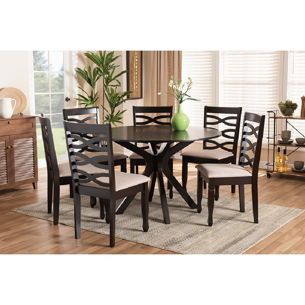Baxton Studio Mila Modern and Contemporary Sand Fabric Upholstered Dark Brown Finished Wood 7-Piece Dining Set