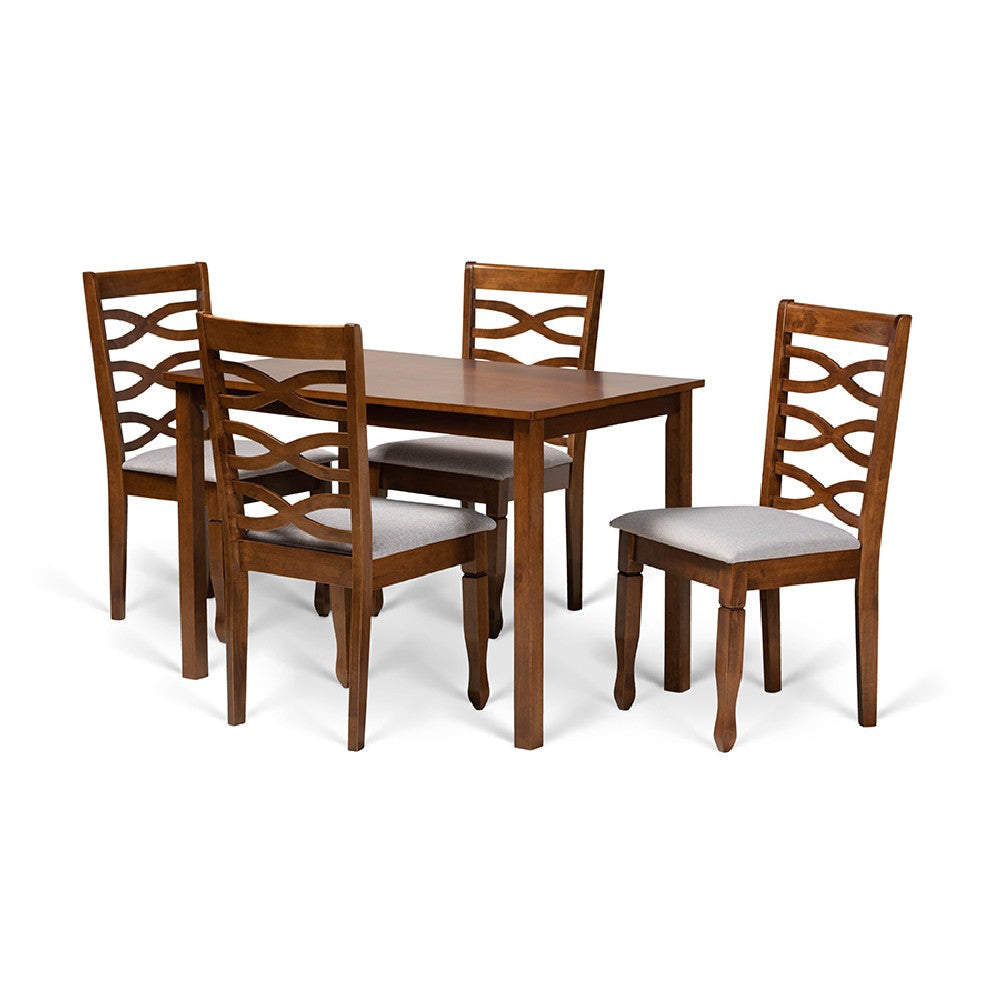 Baxton Studio Mirna Modern and Contemporary Grey Fabric Upholstered and Walnut Brown Finished Wood 5-Piece Dining Set