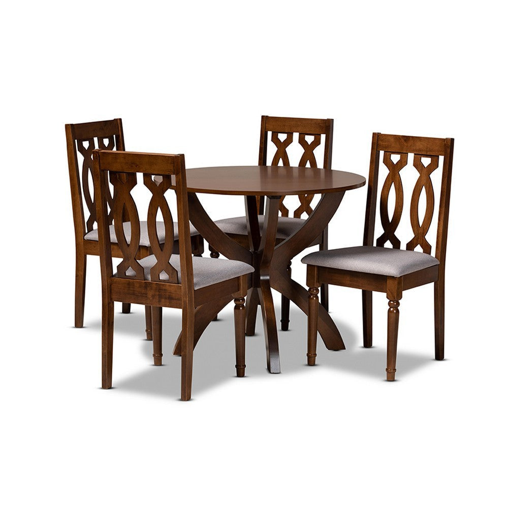 Baxton Studio Mona Modern and Contemporary Grey Fabric Upholstered and Walnut Brown Finished Wood 5-Piece Dining Set