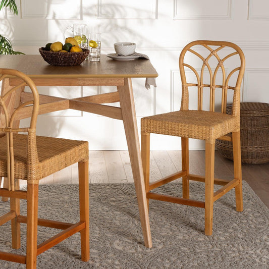bali & pari Monaco Modern Bohemian Natural Rattan and Mahogany Wood Counter Stool