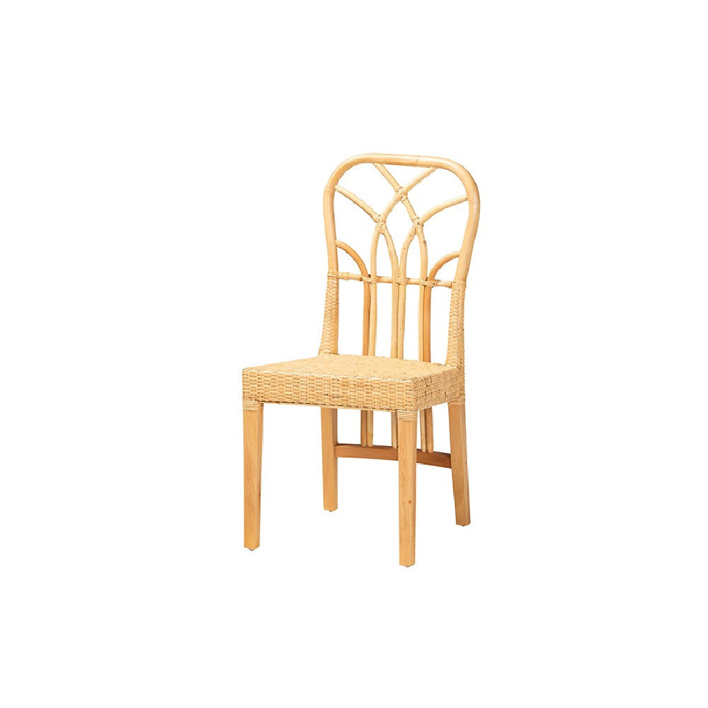bali & pari Monaco Modern Bohemian Oak Brown Finished Mahogany Wood and Natural Rattan Dining Chair WHI-Monaco-Rattan-DC