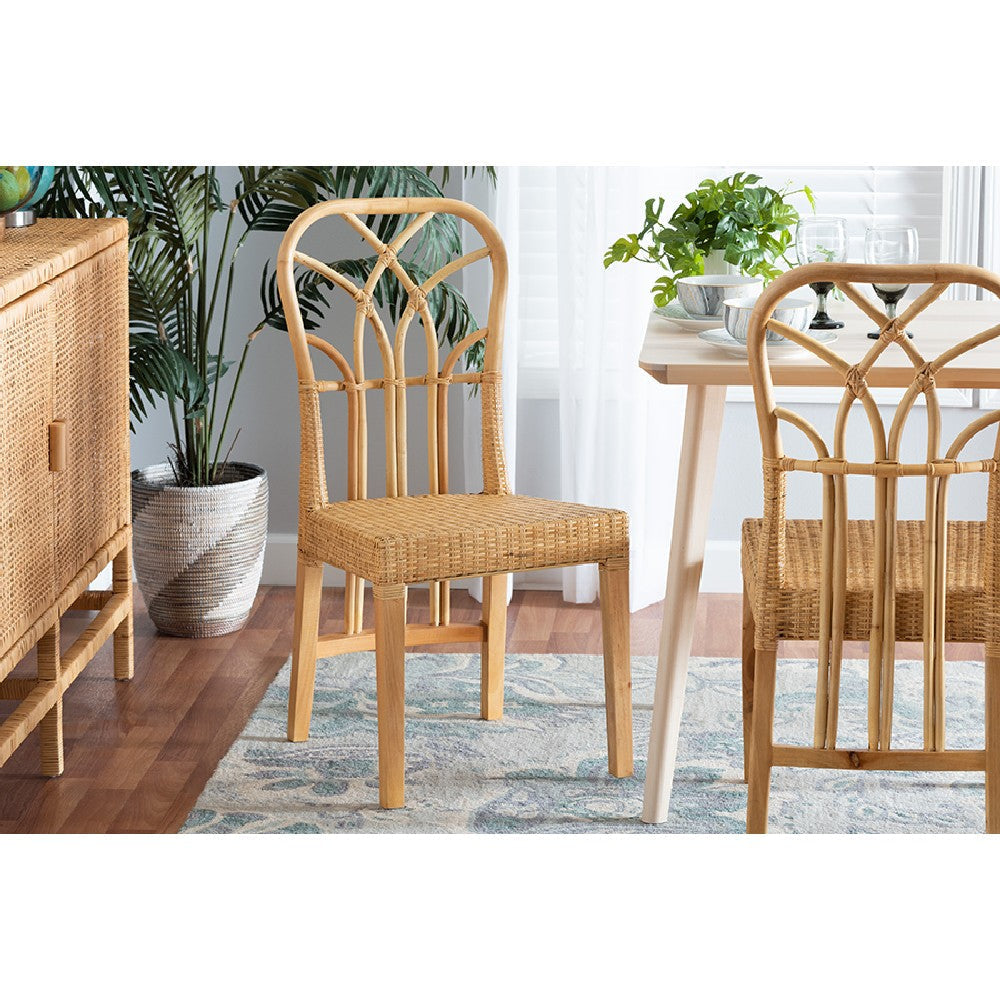 bali & pari Monaco Modern Bohemian Oak Brown Finished Mahogany Wood and Natural Rattan Dining Chair WHI-Monaco-Rattan-DC