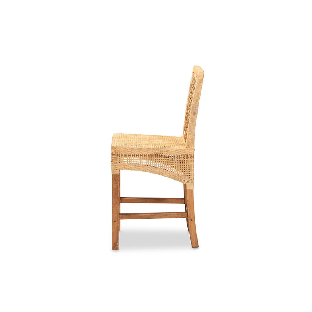 bali & pari Moscow Modern Bohemian Natural Brown Rattan and Walnut Brown Mahogany Wood Counter Stool WHI-Moscow-Teak-CS