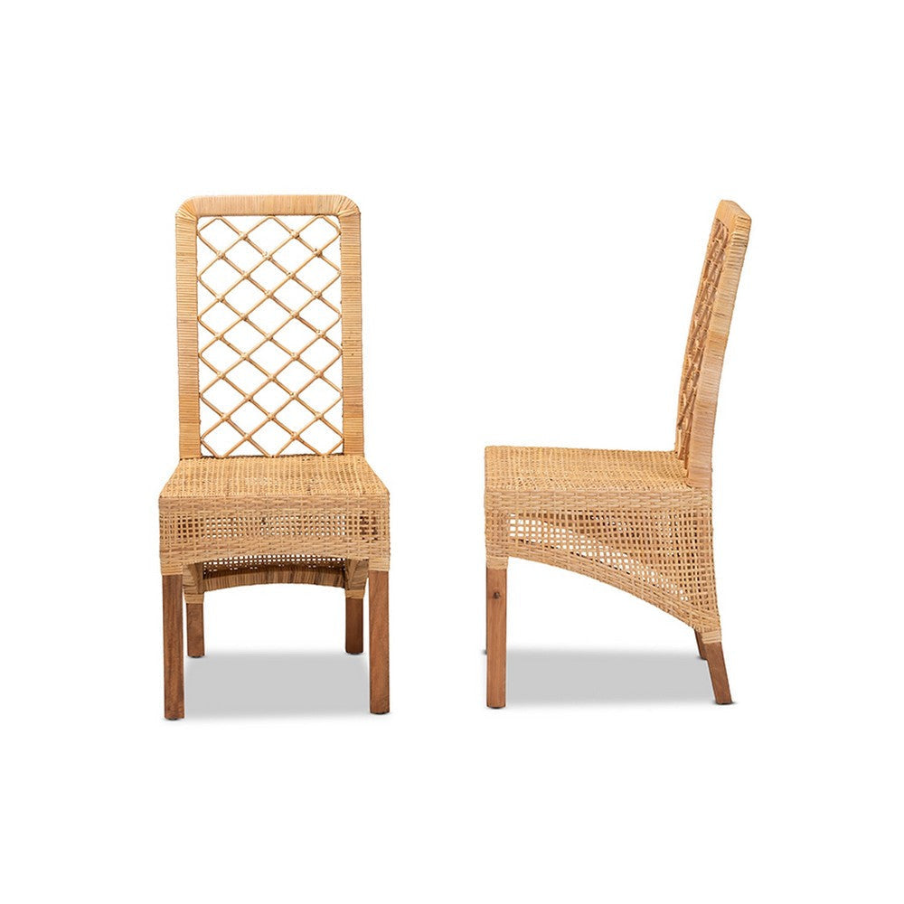 bali & pari Moscow Modern Bohemian Natural Brown Rattan and Walnut Brown Mahogany Wood 2-Piece Dining Chair Set WHI-Moscow-Teak-DC