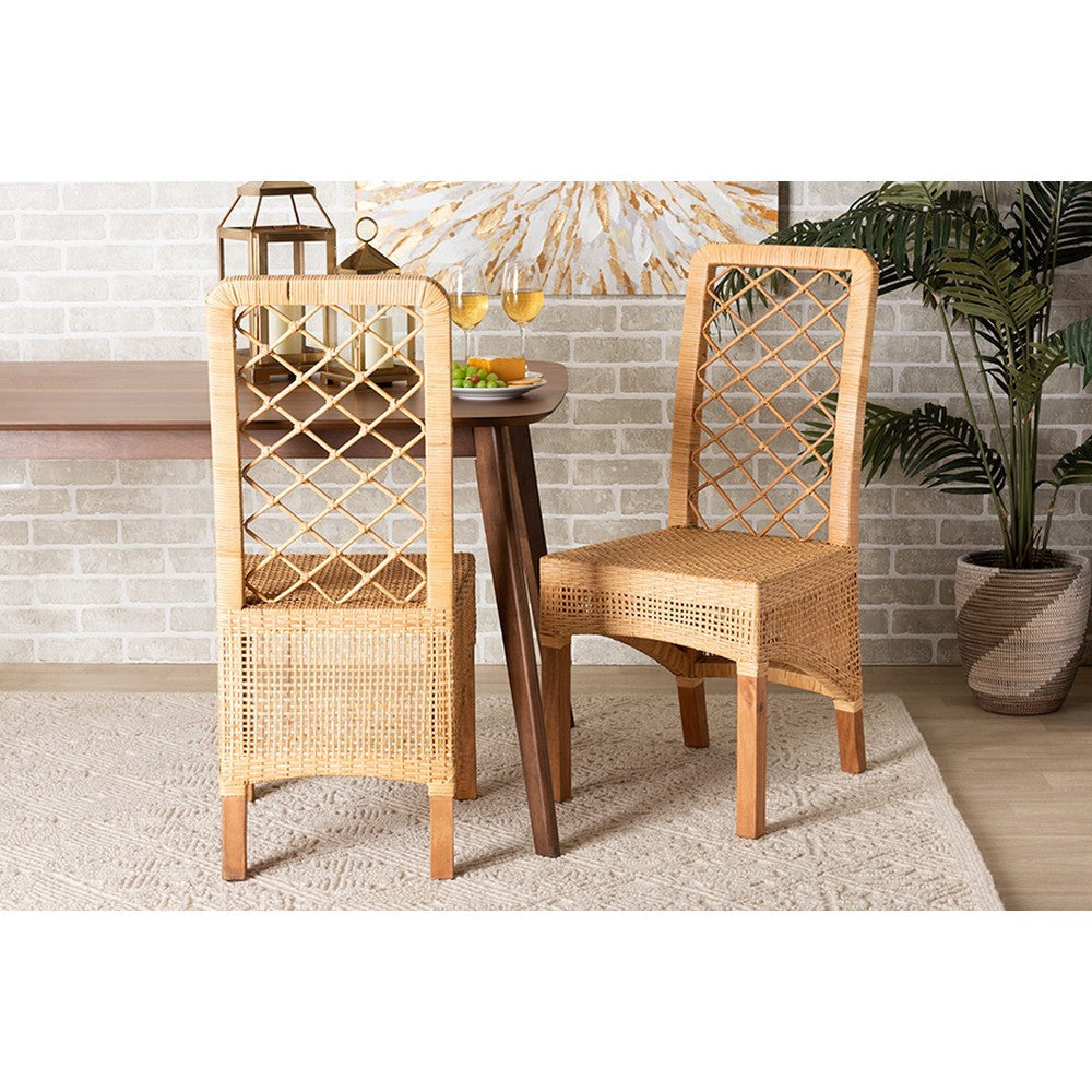 bali & pari Moscow Modern Bohemian Natural Brown Rattan and Walnut Brown Mahogany Wood 2-Piece Dining Chair Set WHI-Moscow-Teak-DC