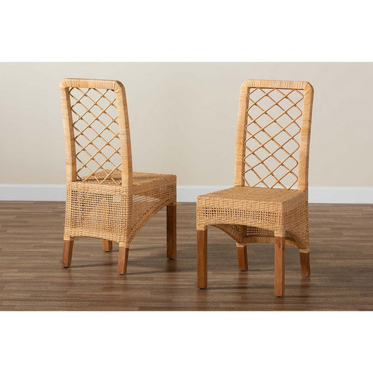 bali & pari Moscow Modern Bohemian Natural Brown Rattan and Walnut Brown Mahogany Wood 2-Piece Dining Chair Set