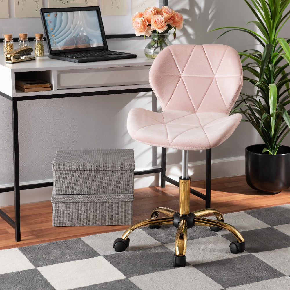 Baxton Studio Savara Contemporary Glam and Luxe Blush Pink Velvet Fabric and Gold Metal Swivel Office Chair