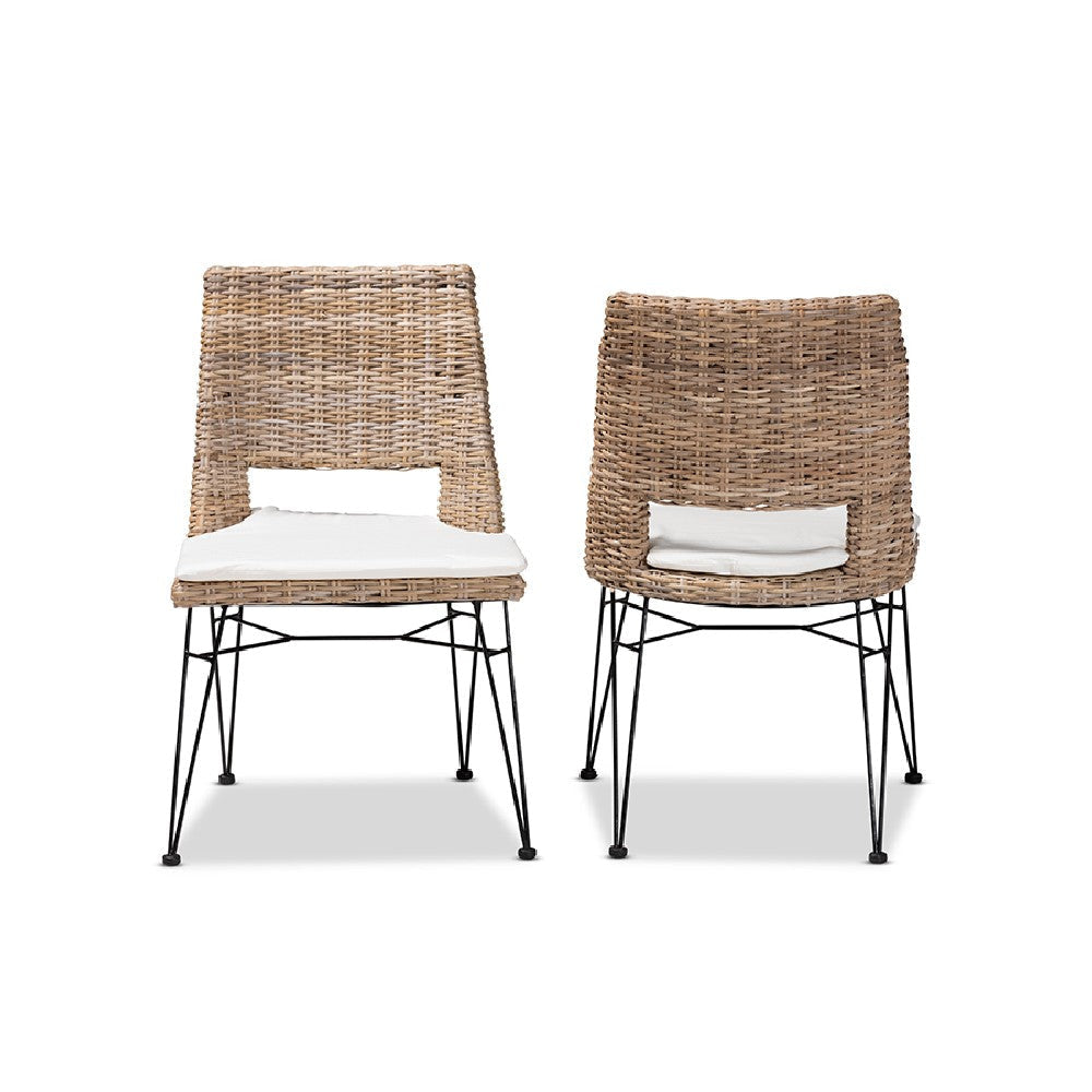 bali & pari Nafaro Modern Bohemian Greywashed Natural Rattan Metal Dining Chair with Cushion 2-Piece Set WHI-Nafaro-Grey-Natural-Black-DC
