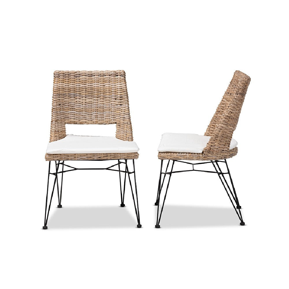 bali & pari Nafaro Modern Bohemian Greywashed Natural Rattan Metal Dining Chair with Cushion 2-Piece Set WHI-Nafaro-Grey-Natural-Black-DC