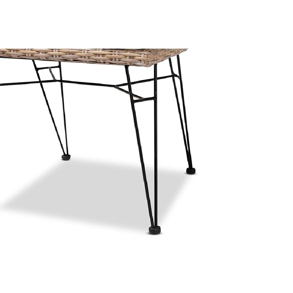 bali & pari Nafaro Modern Bohemian Greywashed Natural Rattan Metal Dining Chair with Cushion 2-Piece Set WHI-Nafaro-Grey-Natural-Black-DC