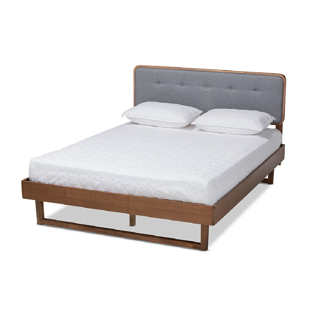 Baxton Studio Natalia Mid-Century Modern Dark Grey Fabric Upholstered and Ash Walnut Finished Wood Queen Size Platform Bed