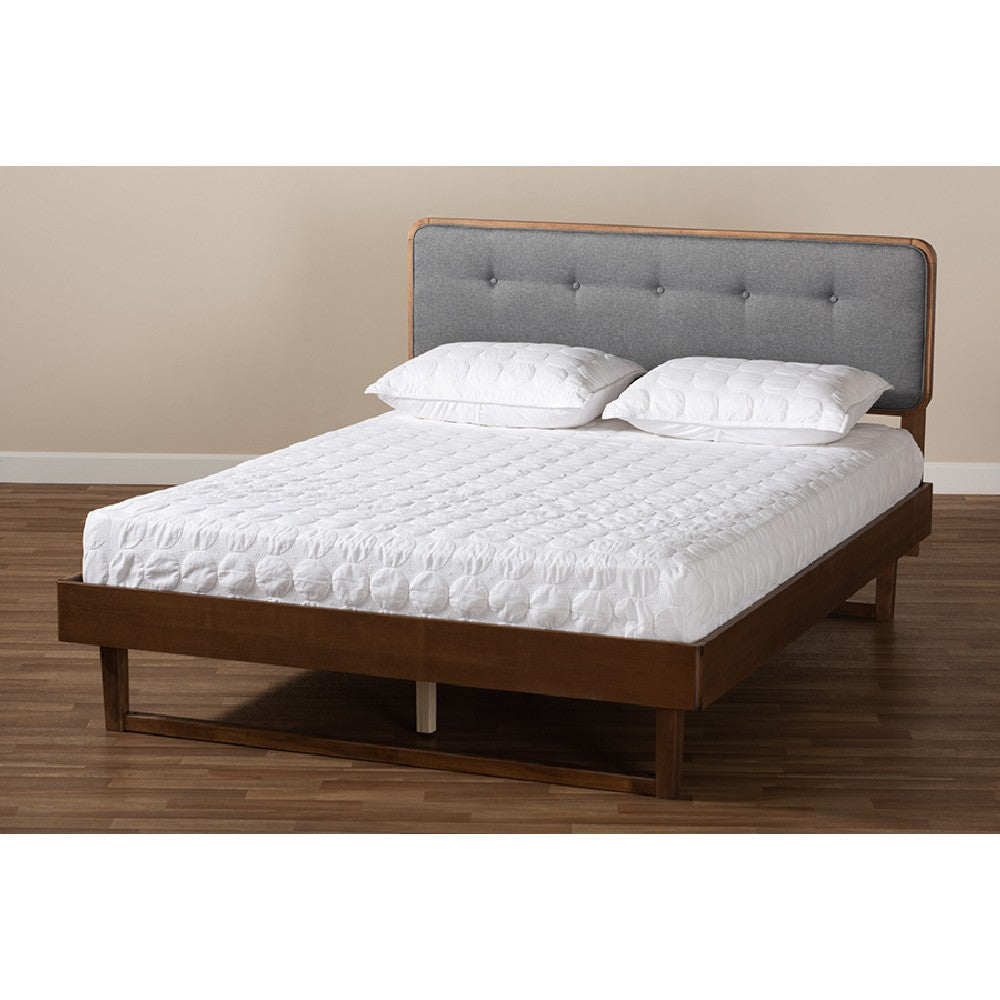 Baxton Studio Natalia Mid-Century Modern Dark Grey Fabric Upholstered and Ash Walnut Finished Wood Queen Size Platform Bed
