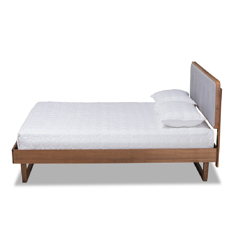 Baxton Studio Natalia Mid-Century Modern Light Grey Fabric Upholstered and Ash Walnut Finished Wood Queen Size Platform Bed