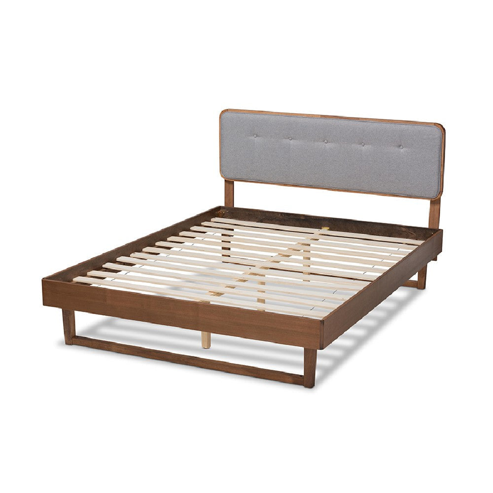 Baxton Studio Natalia Mid-Century Modern Light Grey Fabric Upholstered and Ash Walnut Finished Wood Queen Size Platform Bed