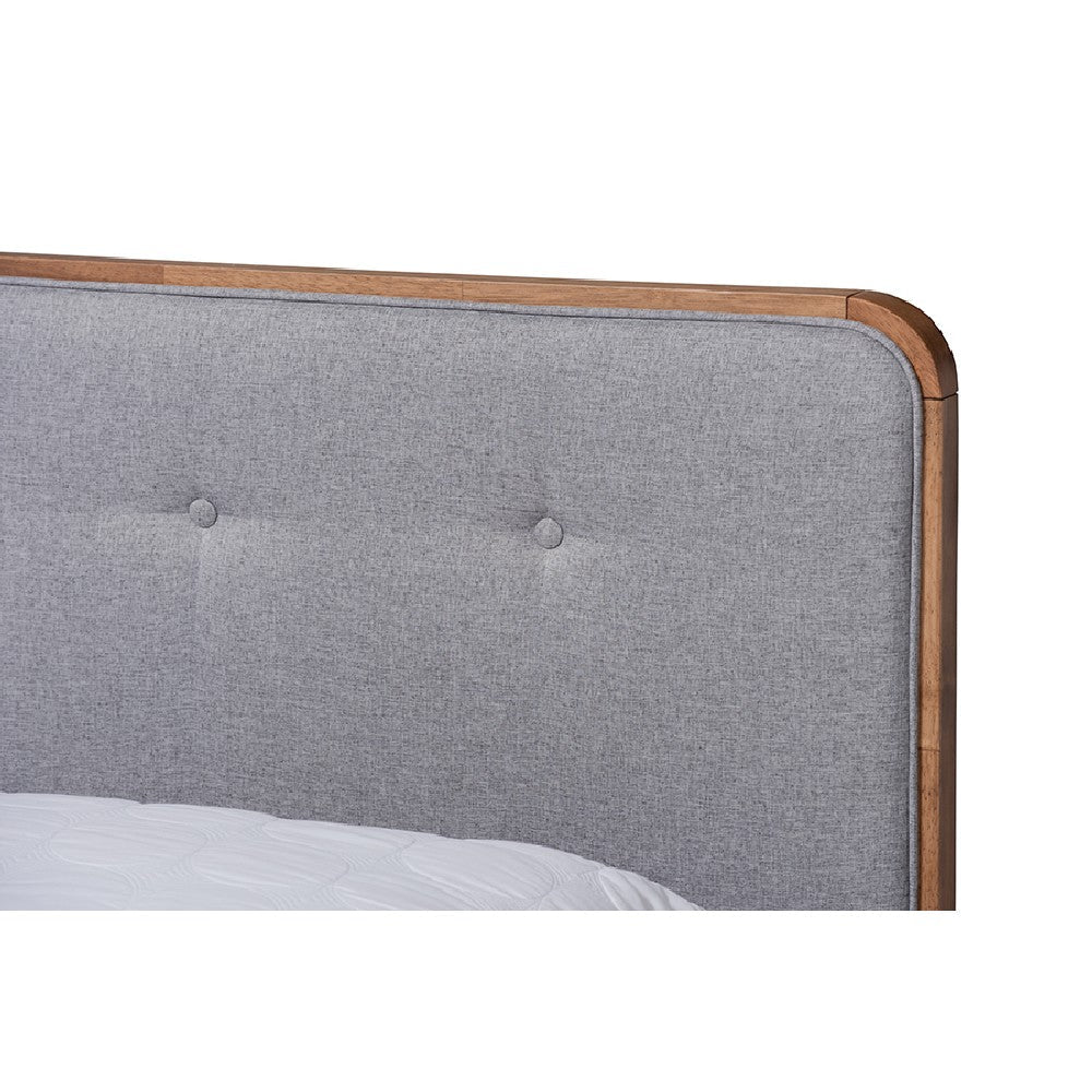 Baxton Studio Natalia Mid-Century Modern Light Grey Fabric Upholstered and Ash Walnut Finished Wood Queen Size Platform Bed