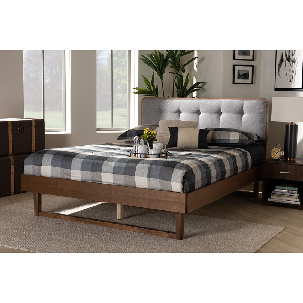 Baxton Studio Natalia Mid-Century Modern Light Grey Fabric Upholstered and Ash Walnut Finished Wood Queen Size Platform Bed