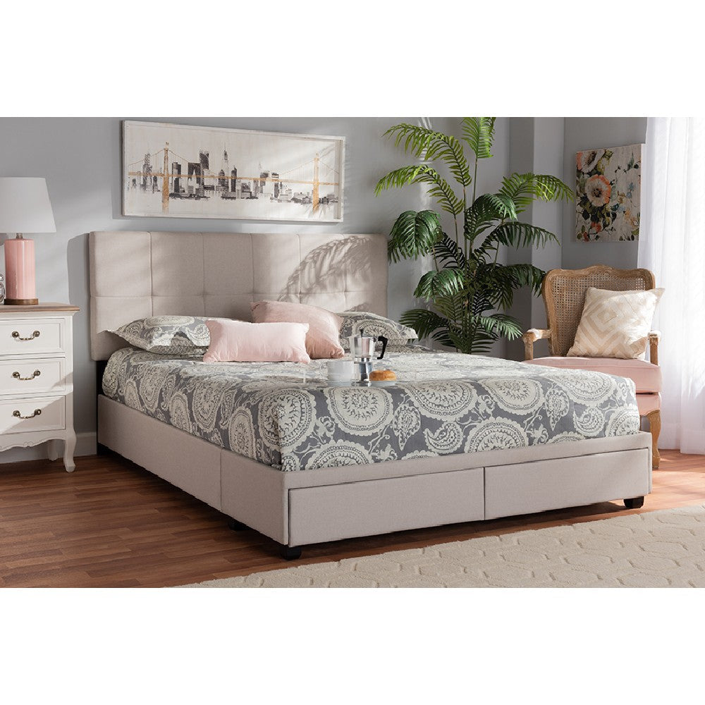 Baxton Studio Netti Beige Fabric Upholstered 2-Drawer Queen Size Platform Storage Bed
