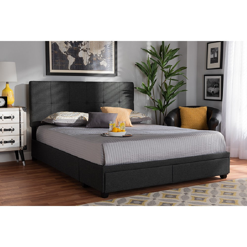 Baxton Studio Netti Dark Grey Fabric Upholstered 2-Drawer Queen Size Platform Storage Bed