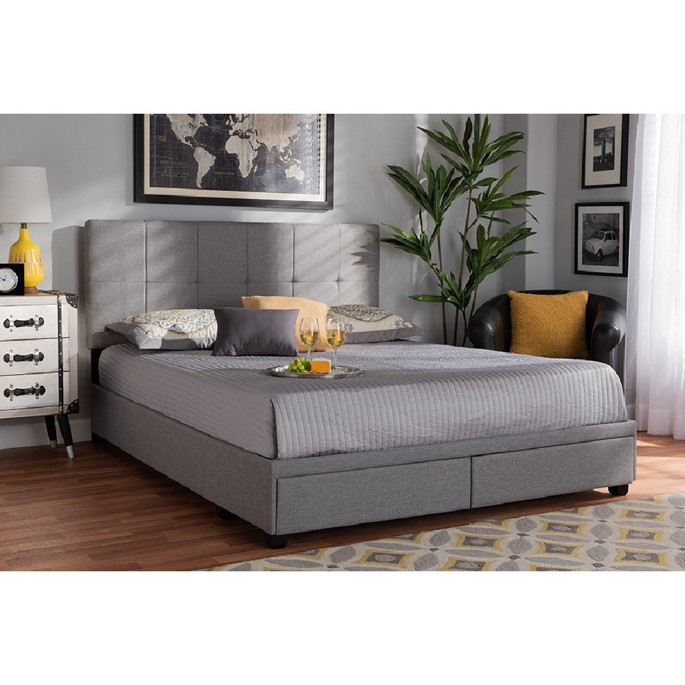 Baxton Studio Netti Light Grey Fabric Upholstered 2-Drawer Queen Size Platform Storage Bed