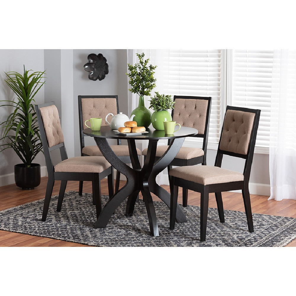 Baxton Studio Noe Modern Sand Fabric and Dark Brown Finished Wood 5-Piece Dining Set WHI-Noe-Sand-Dark-Brown-5PC-Dining-Set