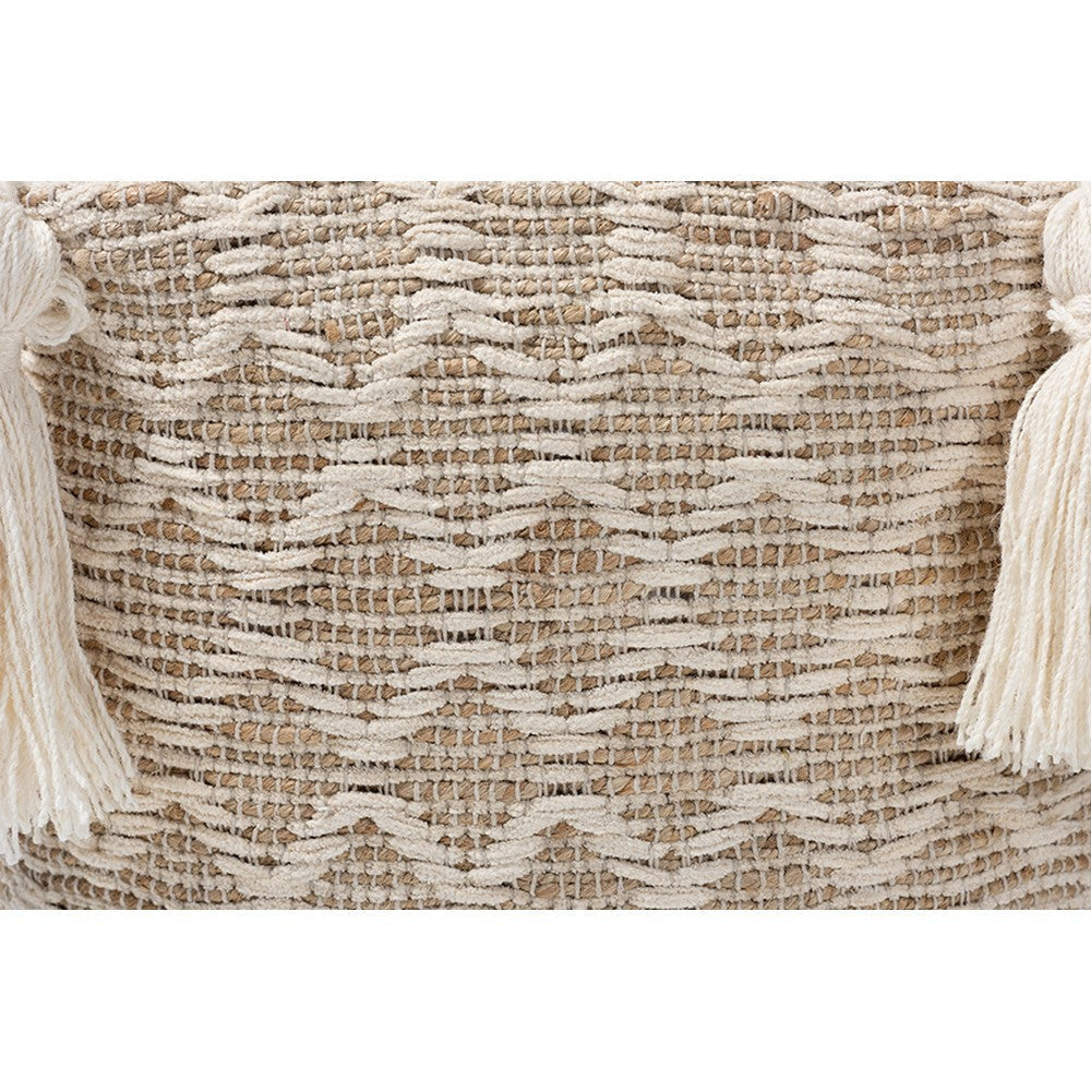 Baxton Studio Noland Moroccan Inspired Natural and Ivory Handwoven Cotton and Hemp Pouf Ottoman WHI-Noland-Natural-Pouf