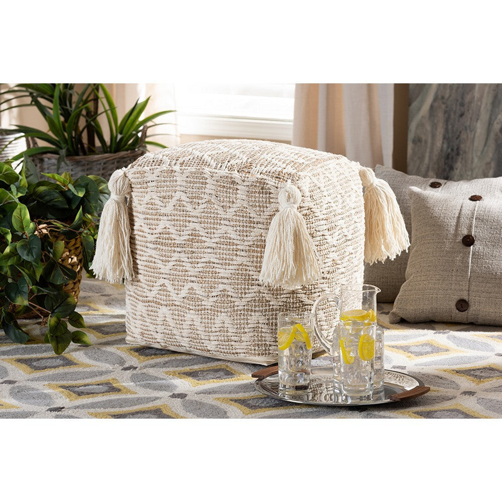 Baxton Studio Noland Moroccan Inspired Natural and Ivory Handwoven Cotton and Hemp Pouf Ottoman