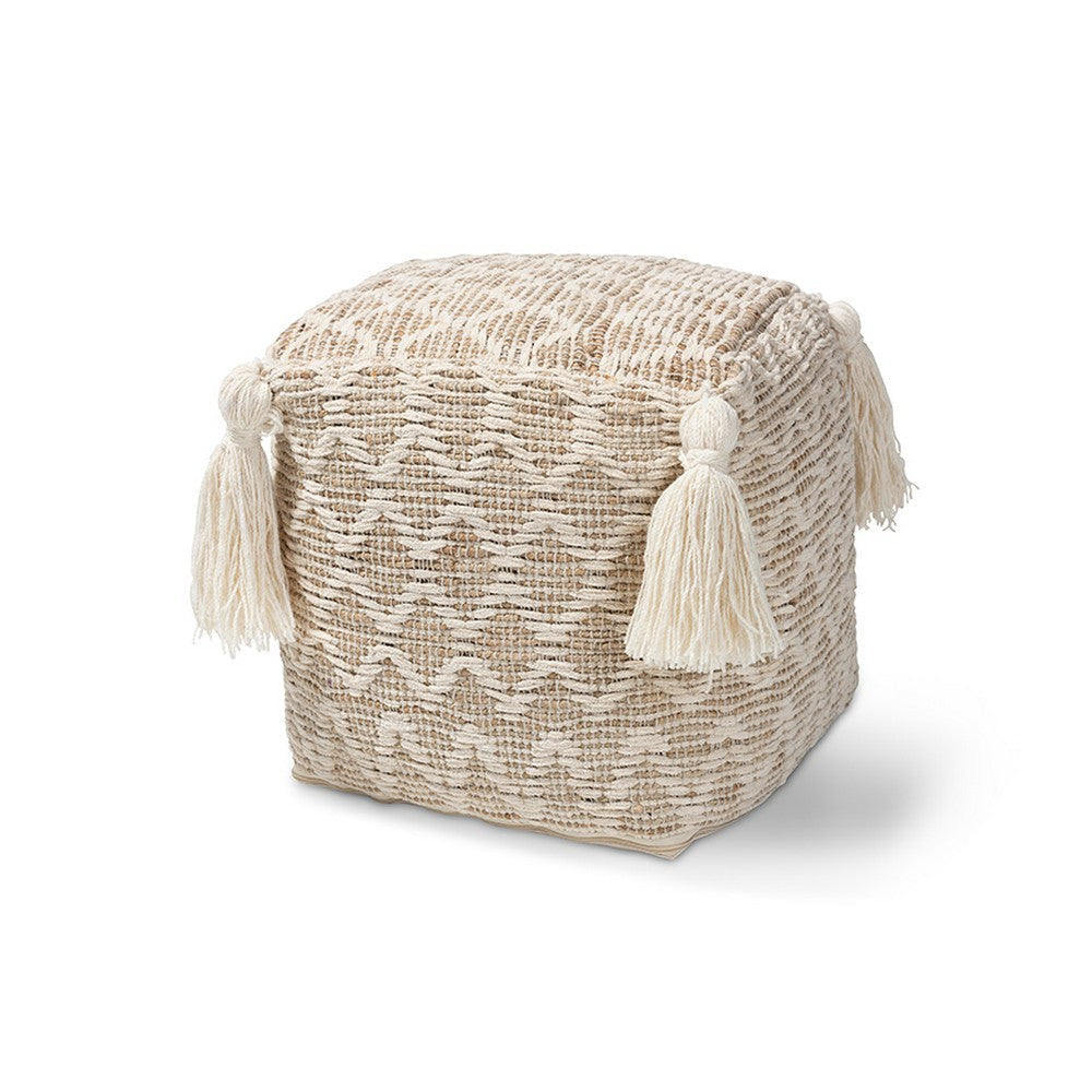 Baxton Studio Noland Moroccan Inspired Natural and Ivory Handwoven Cotton and Hemp Pouf Ottoman WHI-Noland-Natural-Pouf