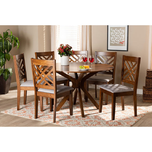 Baxton Studio Norah Modern and Contemporary Grey Fabric Upholstered and Walnut Brown Finished Wood 7-Piece Dining Set