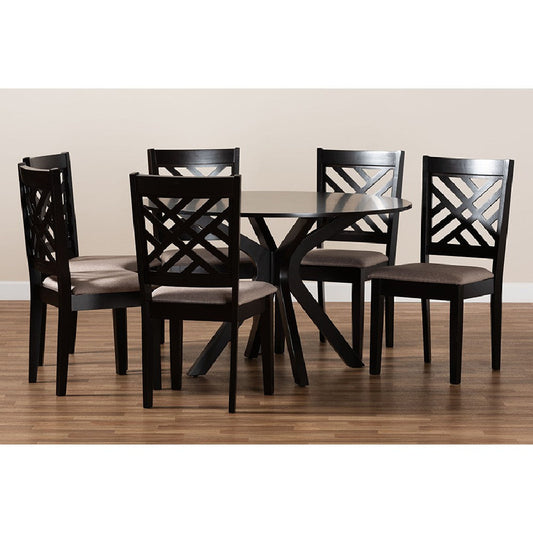Baxton Studio Norah Modern and Contemporary Sand Fabric Upholstered and Dark Brown Finished Wood 7-Piece Dining Set