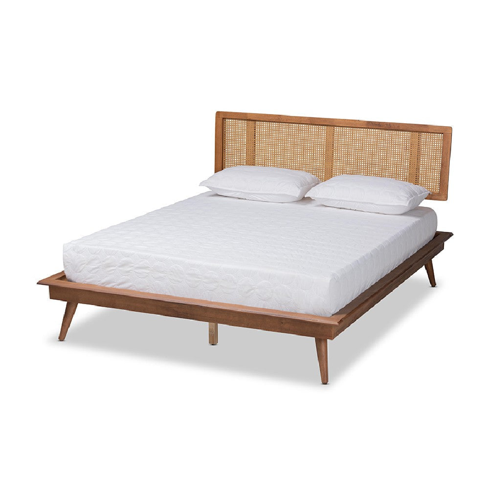 Baxton Studio Nura Mid-Century Modern Walnut Brown Finished Wood and Synthetic Rattan Full Size Platform Bed WHI-Nura-Ash-Walnut-Rattan-Full