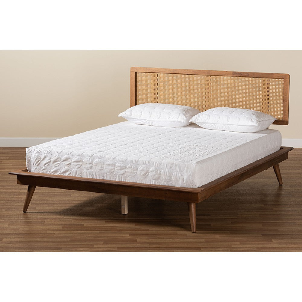 Baxton Studio Nura Mid-Century Modern Walnut Brown Finished Wood and Synthetic Rattan Full Size Platform Bed