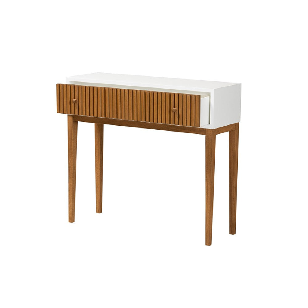 bali & pari Odile Mid-Century Modern Two-Tone Natural Brown and White Bayur Wood 1-Drawer Console Table WHI-OND6-Console