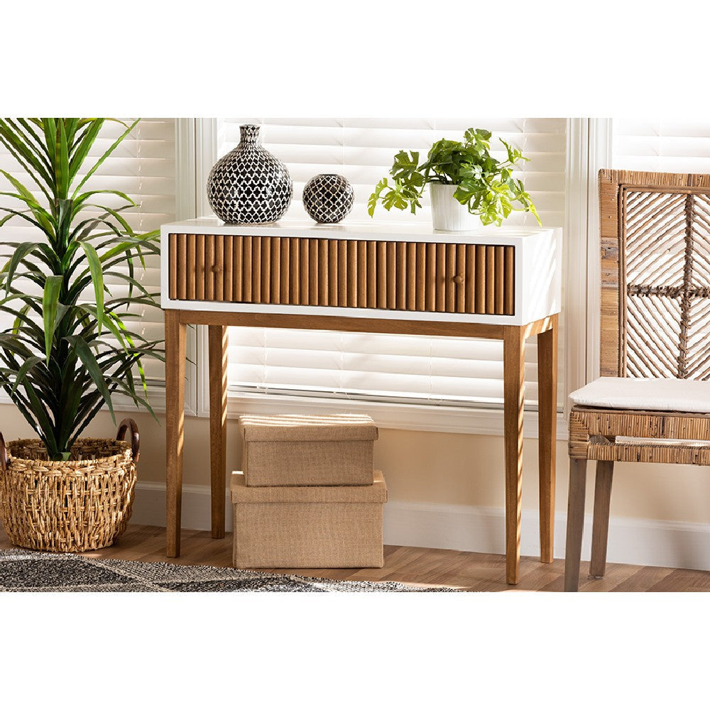 bali & pari Odile Mid-Century Modern Two-Tone Natural Brown and White Bayur Wood 1-Drawer Console Table WHI-OND6-Console