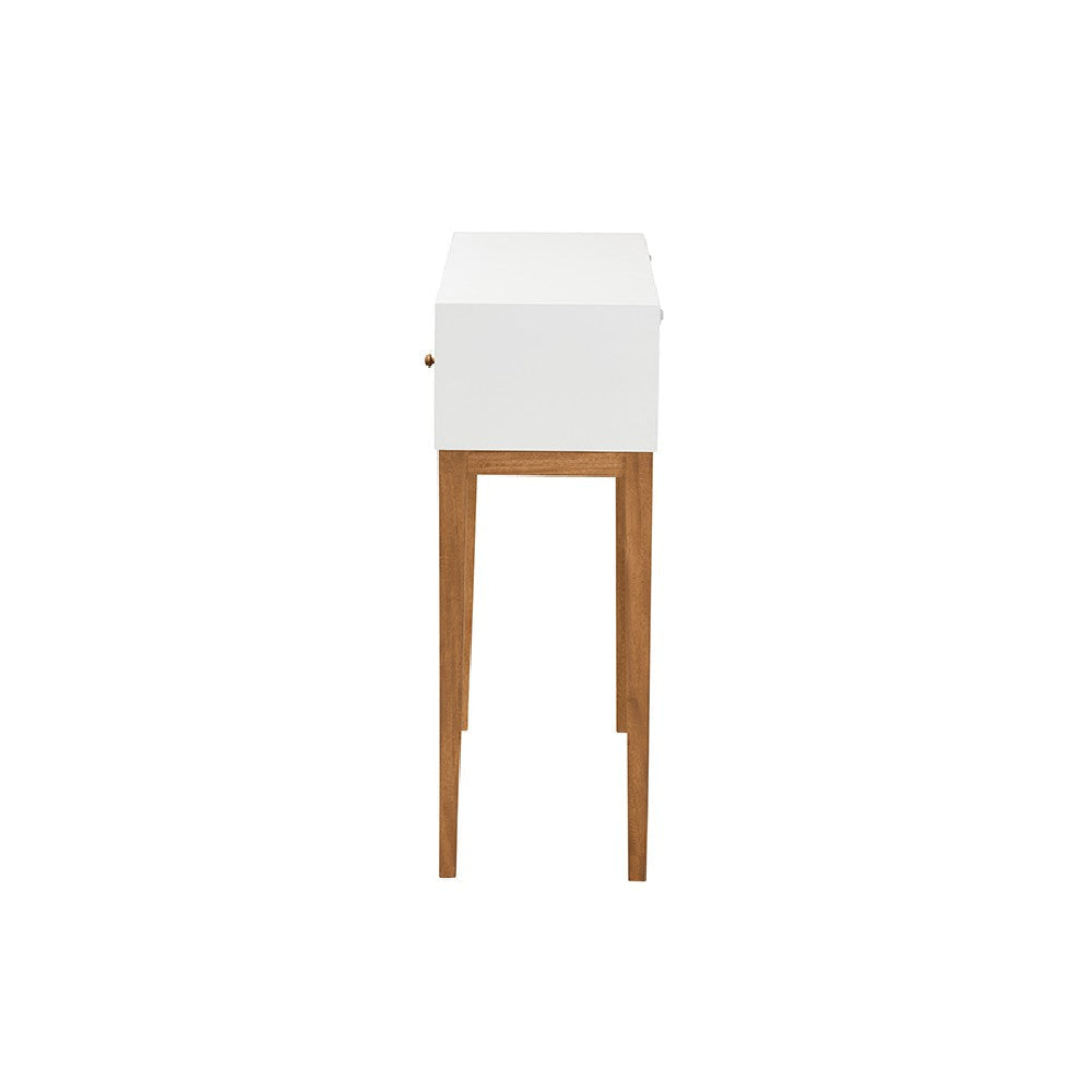 bali & pari Odile Mid-Century Modern Two-Tone Natural Brown and White Bayur Wood 1-Drawer Console Table WHI-OND6-Console