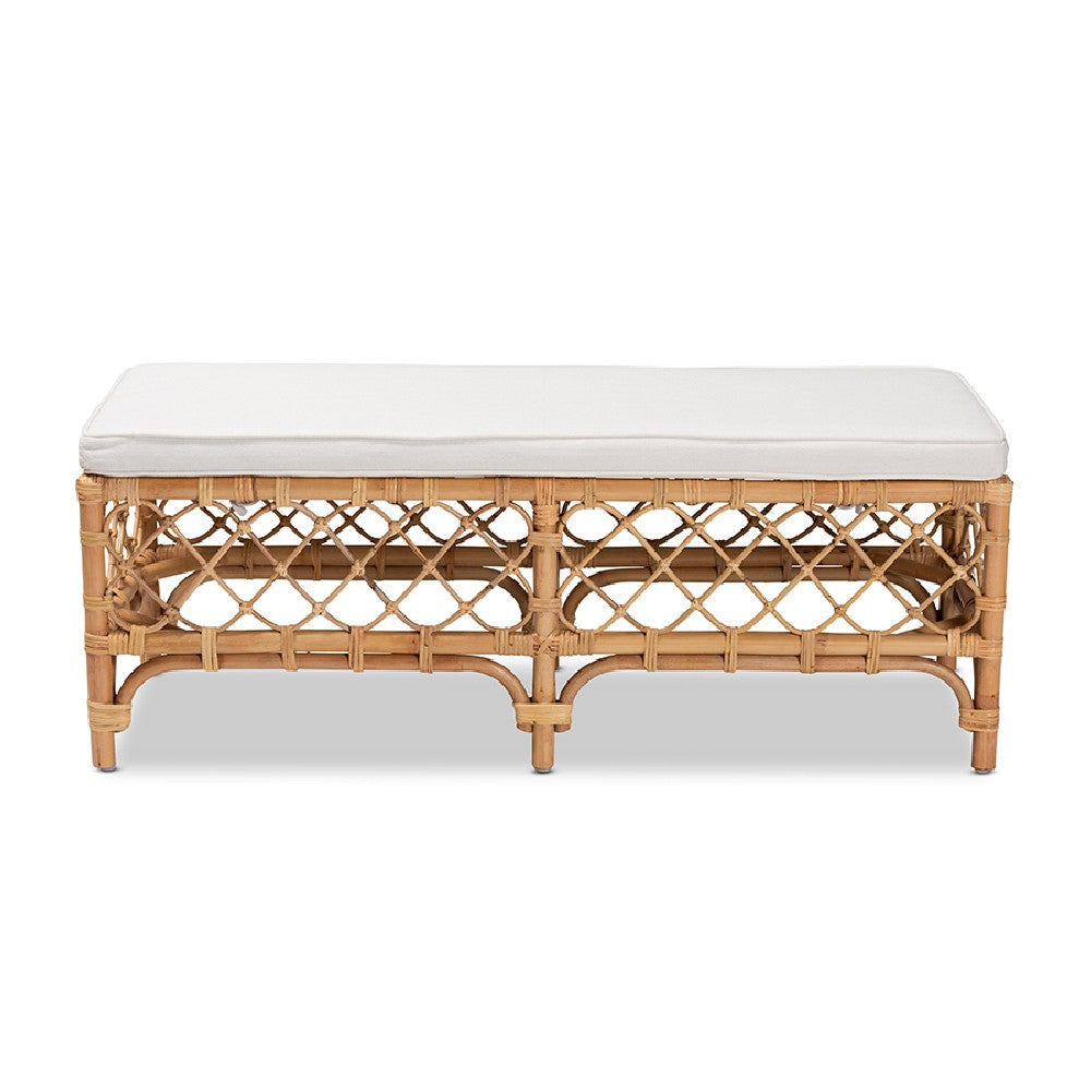 bali & pari Orchard Modern Bohemian White Fabric Upholstered and Natural Brown Rattan Bench WHI-Orchard-Rattan-Bench