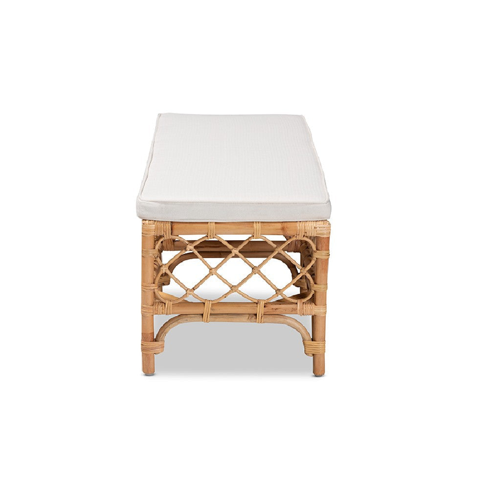 bali & pari Orchard Modern Bohemian White Fabric Upholstered and Natural Brown Rattan Bench WHI-Orchard-Rattan-Bench