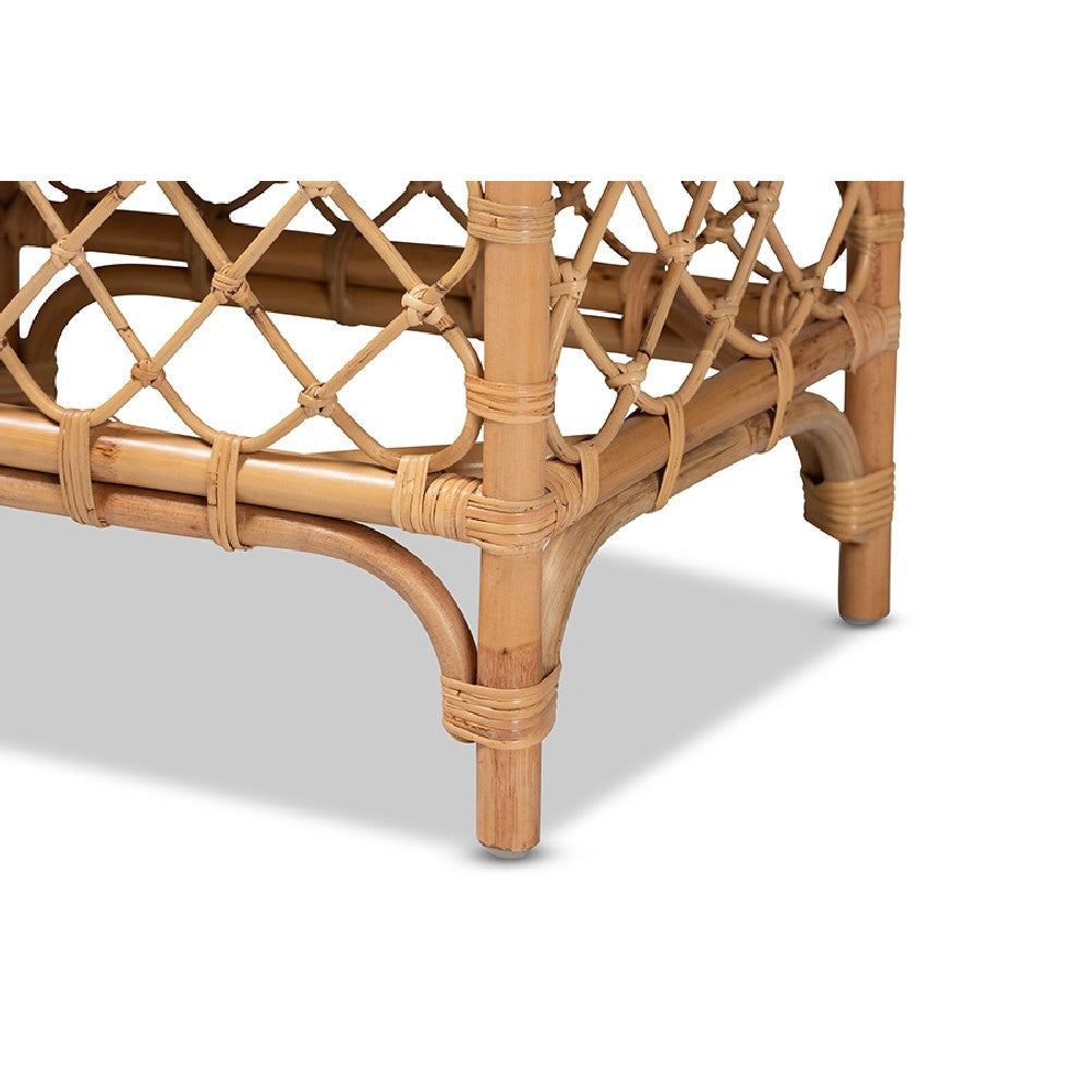 bali & pari Orchard Modern Bohemian White Fabric Upholstered and Natural Brown Rattan Bench WHI-Orchard-Rattan-Bench