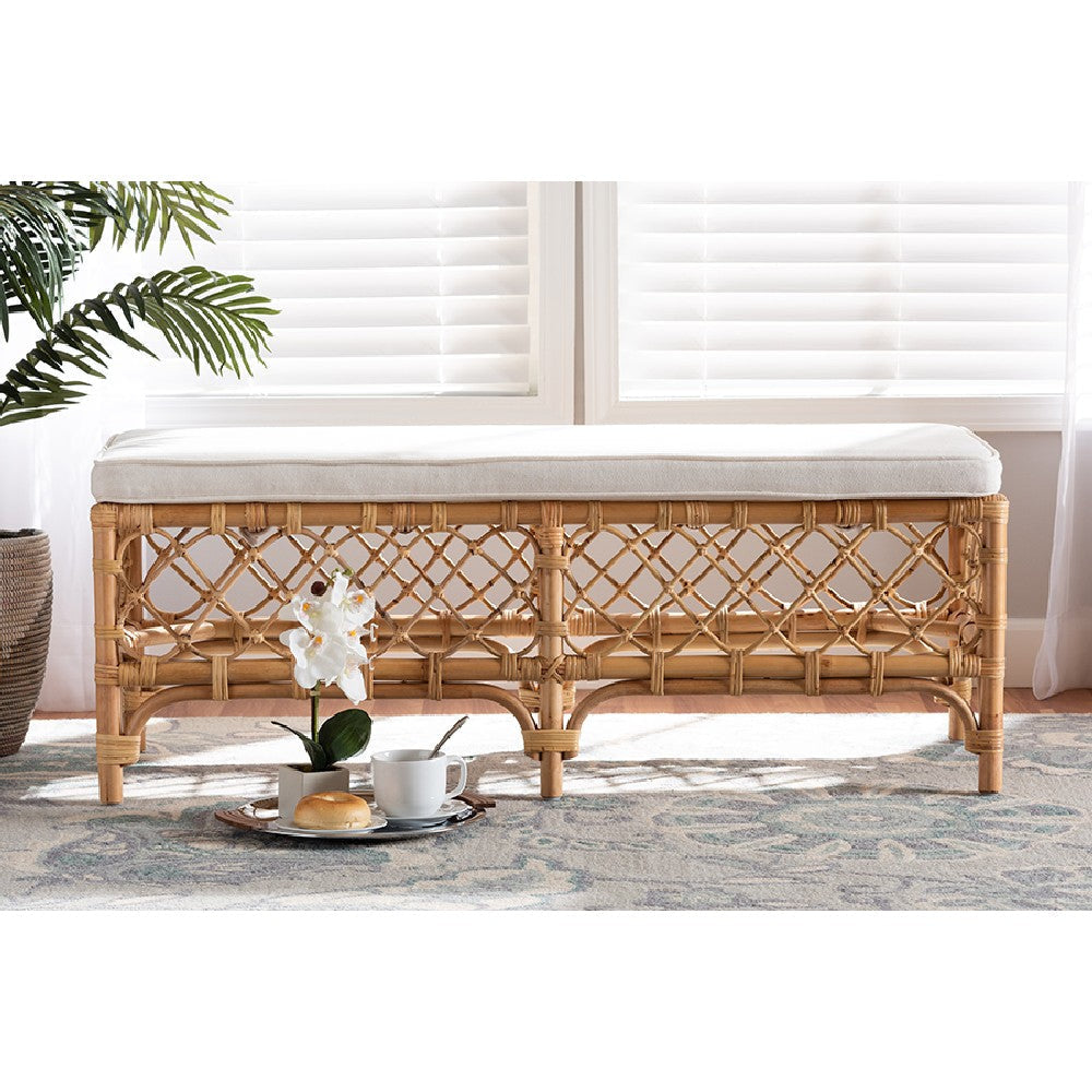 bali & pari Orchard Modern Bohemian White Fabric Upholstered and Natural Brown Rattan Bench WHI-Orchard-Rattan-Bench
