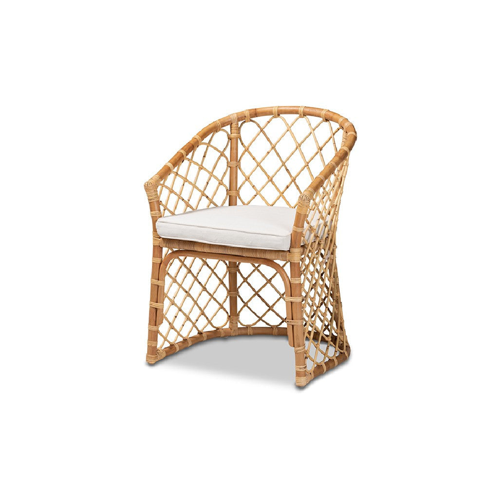 bali & pari Orchard Modern Bohemian White Fabric Upholstered and Natural Brown Rattan Dining Chair WHI-Orchard-Rattan-DC