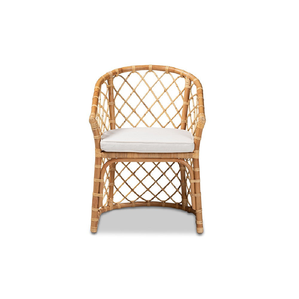 bali & pari Orchard Modern Bohemian White Fabric Upholstered and Natural Brown Rattan Dining Chair WHI-Orchard-Rattan-DC