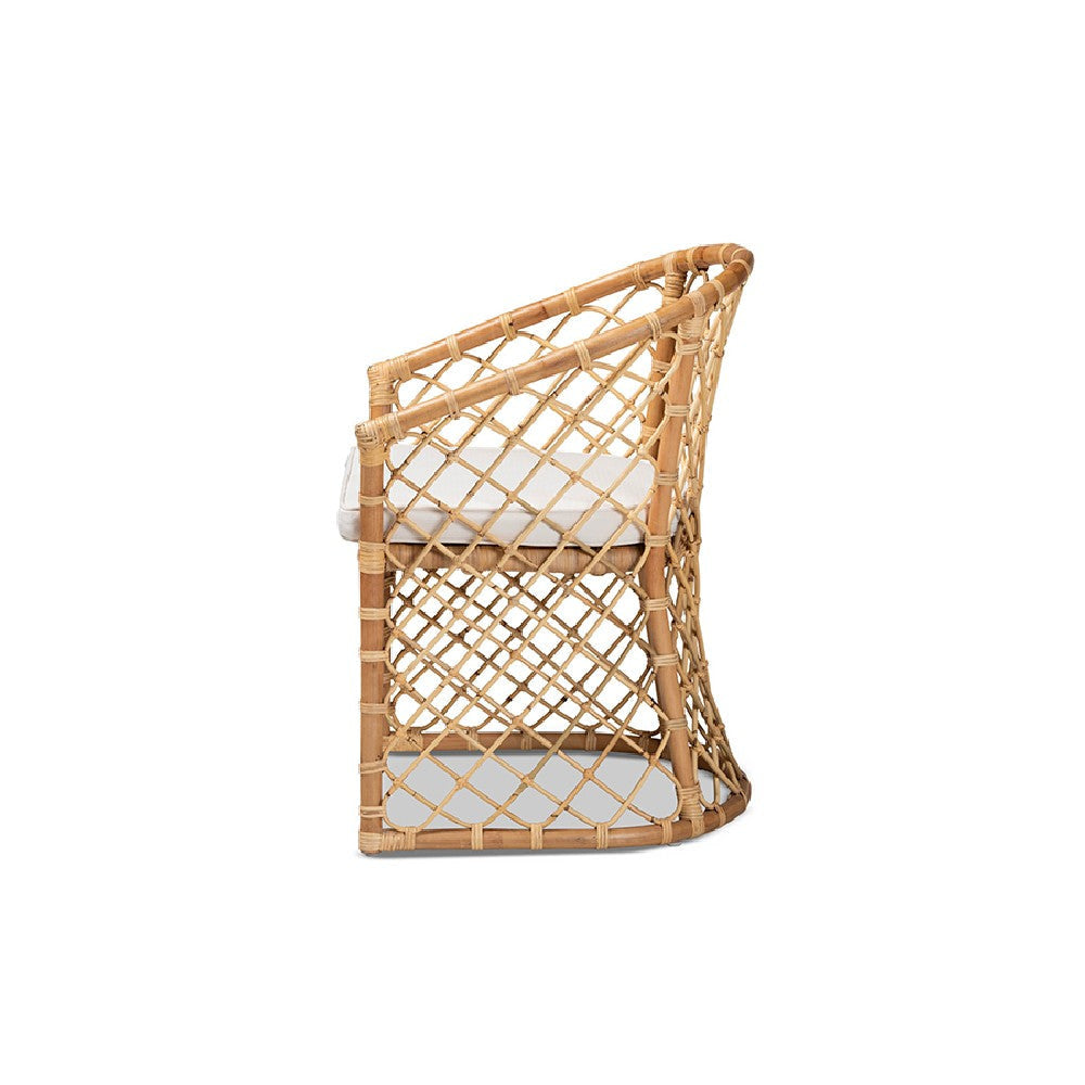 bali & pari Orchard Modern Bohemian White Fabric Upholstered and Natural Brown Rattan Dining Chair WHI-Orchard-Rattan-DC